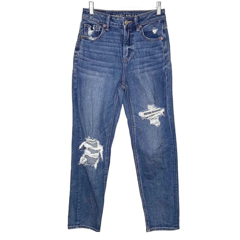 American Eagle Outfitters Medium Blue Straight Distressed High Rise Mom Jeans